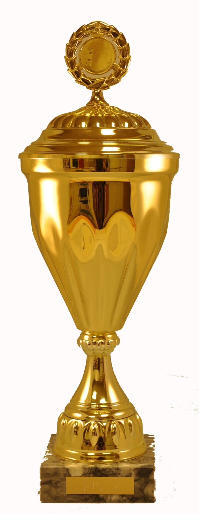 Guldpokal med lock på marmorsockel