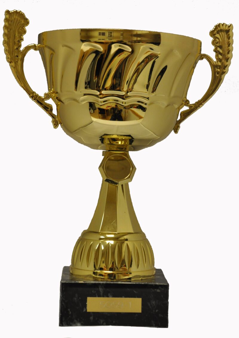 Guldpokal med öron på marmorsockel